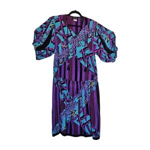 Vtg DIANE FREIS Silk Balloon Sleeve Striped Coral Reef Bamboo Print Tent Dress